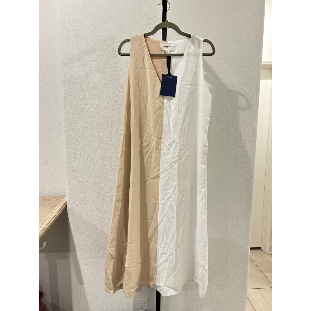 NWT Tuckernuck Pomander Place 2 Tone White & Tan Sallie Midi Dress, Size L, $138